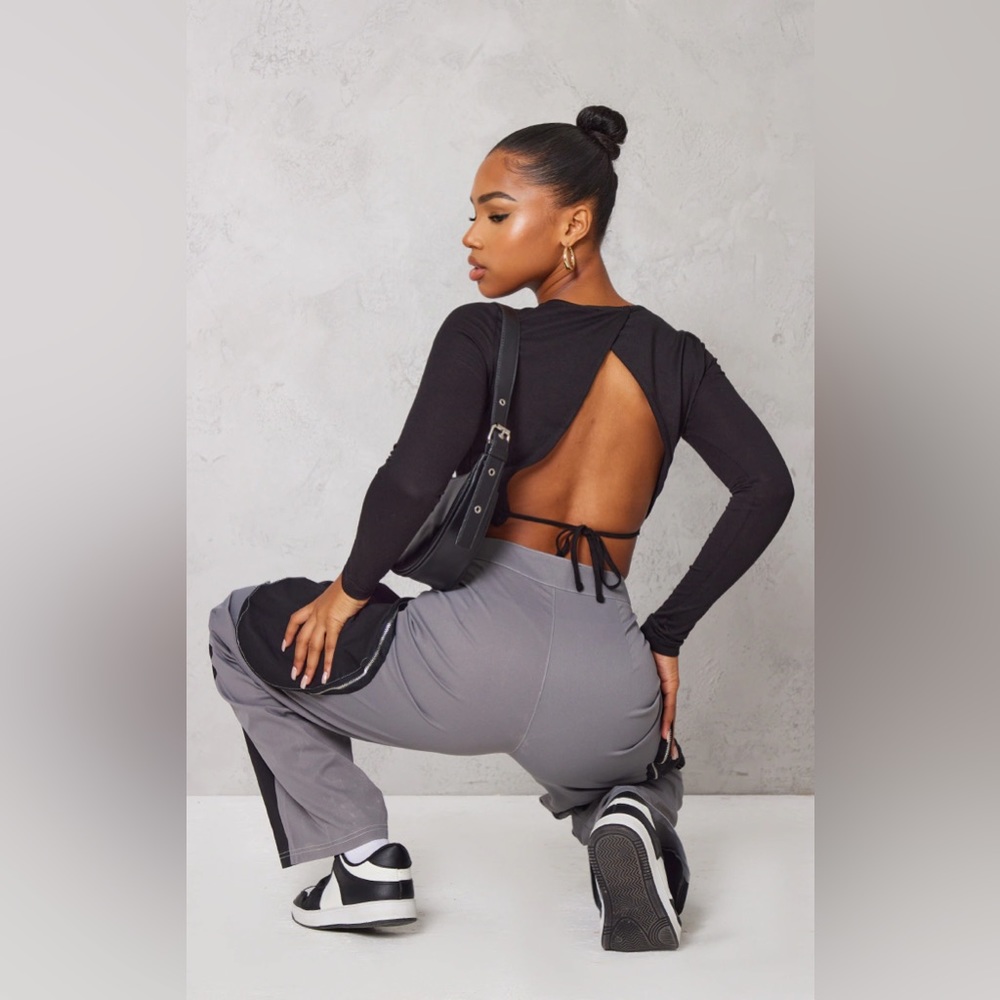 PrettyLittleThing Black Long Sleeve Cutout Tie Back Crop Top